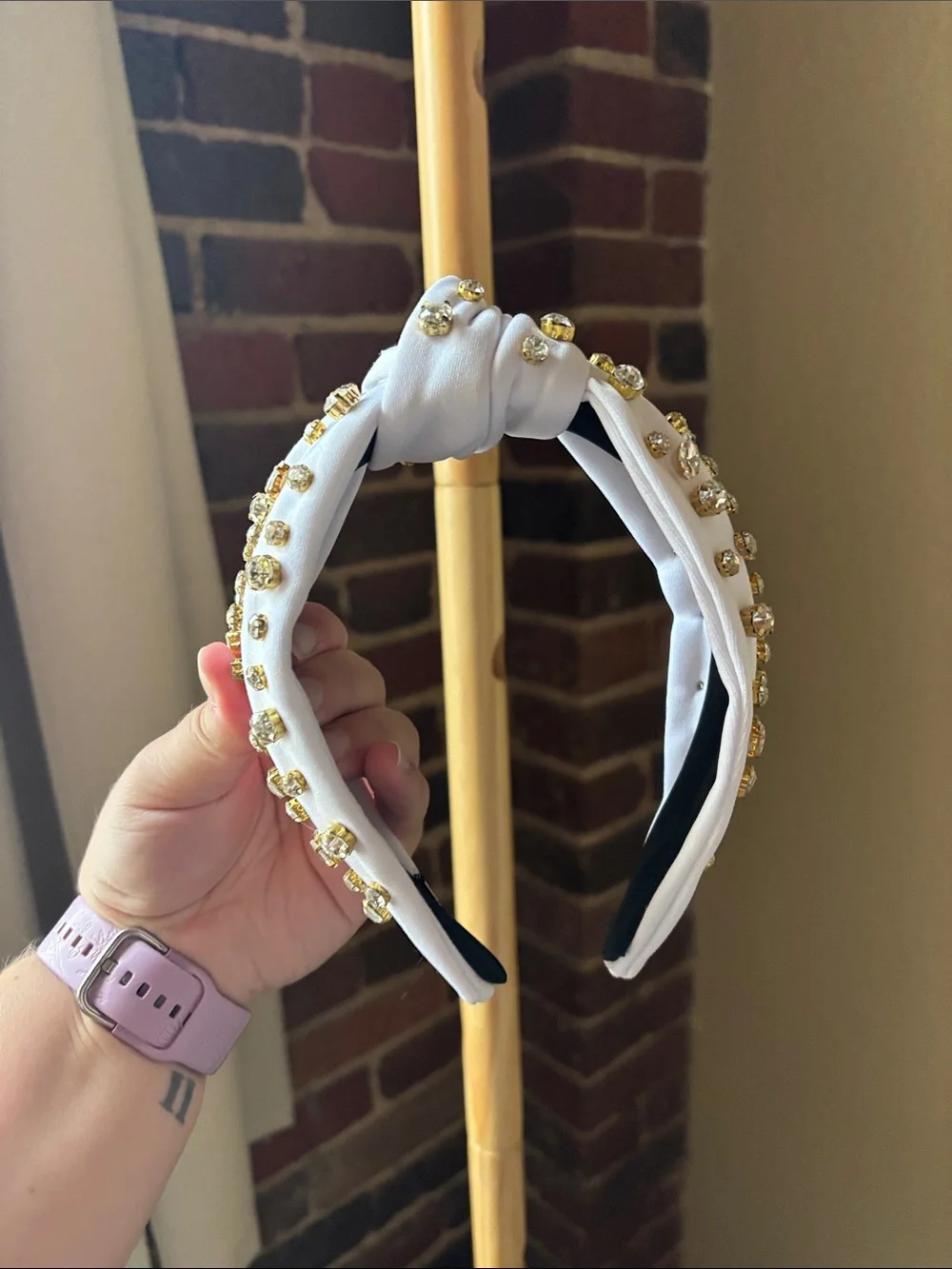 White Crystal-Embellished Knotted Headband with Gold Accents